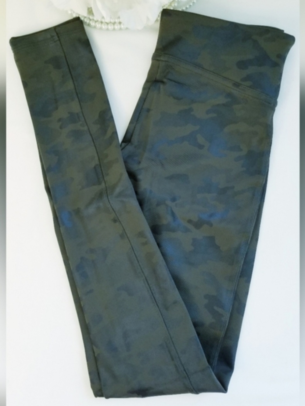 SPANX Olive Green / Black Camo Faux Leather Leggings